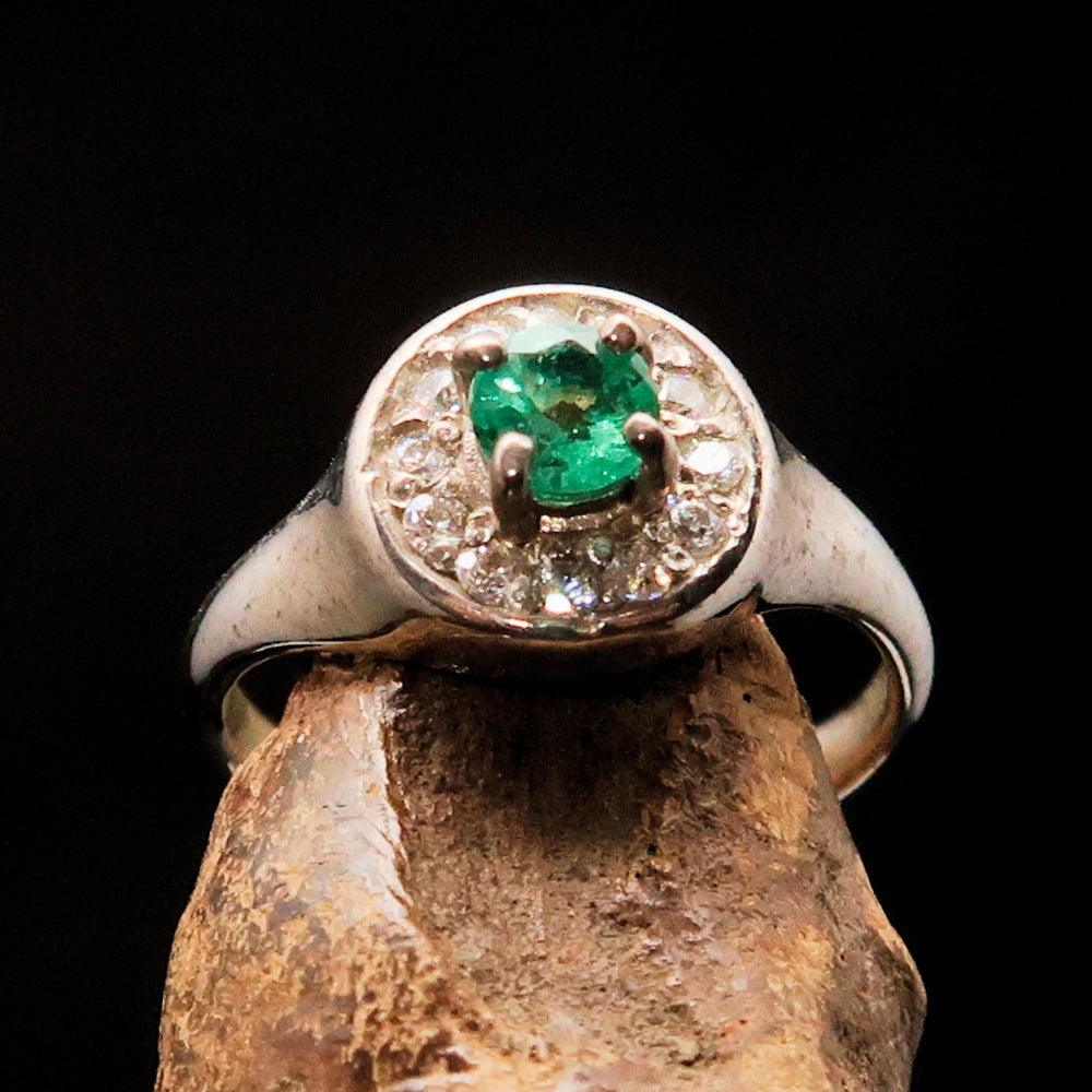 Sterling Silver Solitaire Ring featuring a round Green Emerald and twelve white Cubic Zirconias, hallmarked 925.