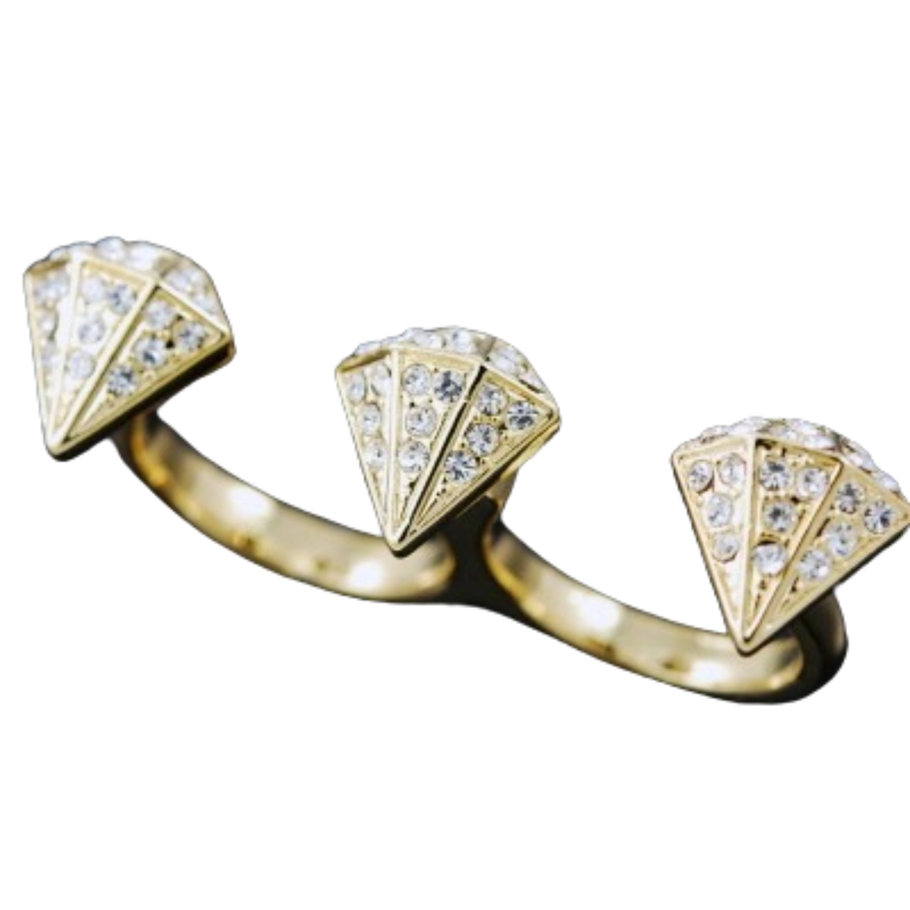 A stunning studded diamond two finger ring with a double plated design, showcasing sparkling diamonds and a unique style.