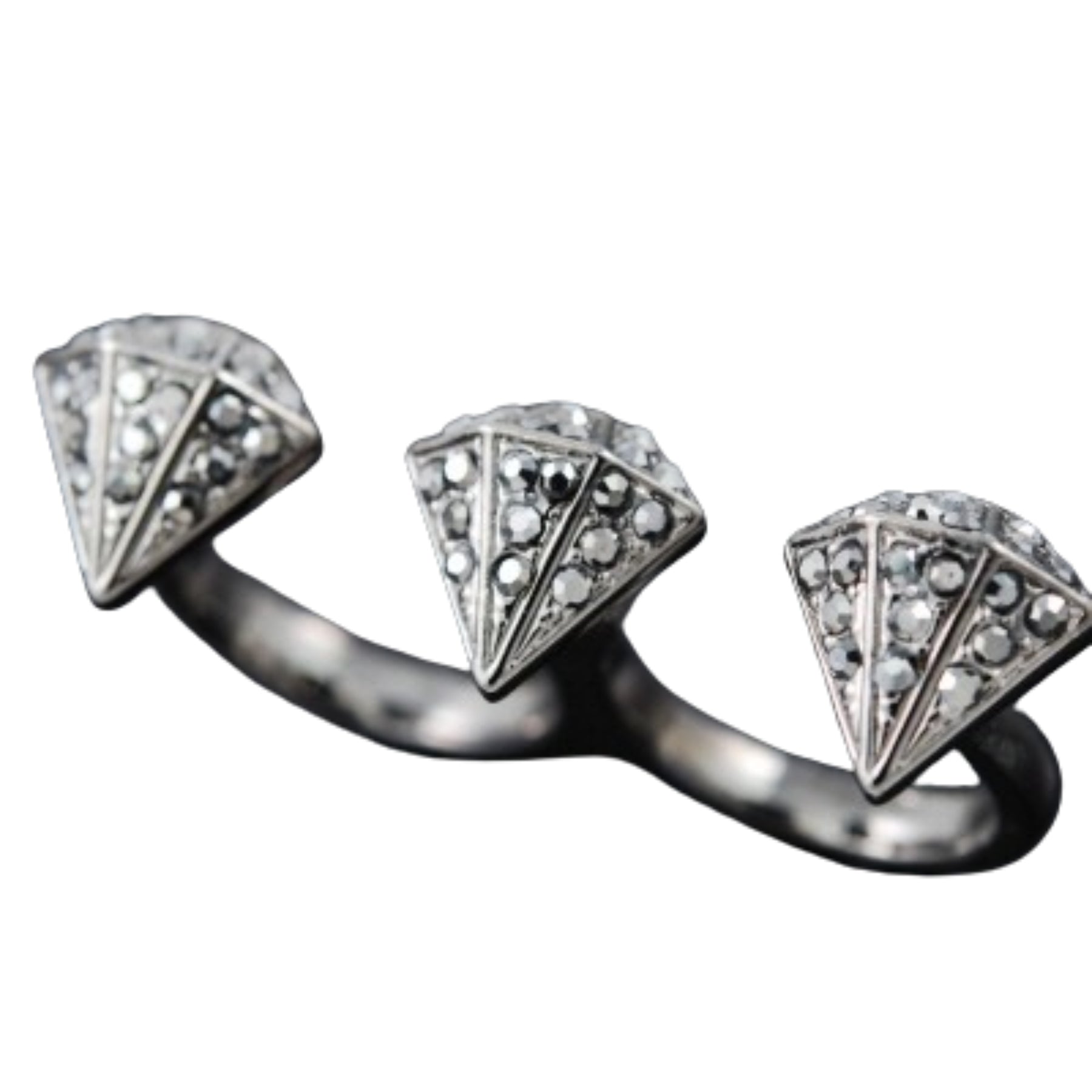 A stunning studded diamond two finger ring with a double plated design, showcasing sparkling diamonds and a unique style.