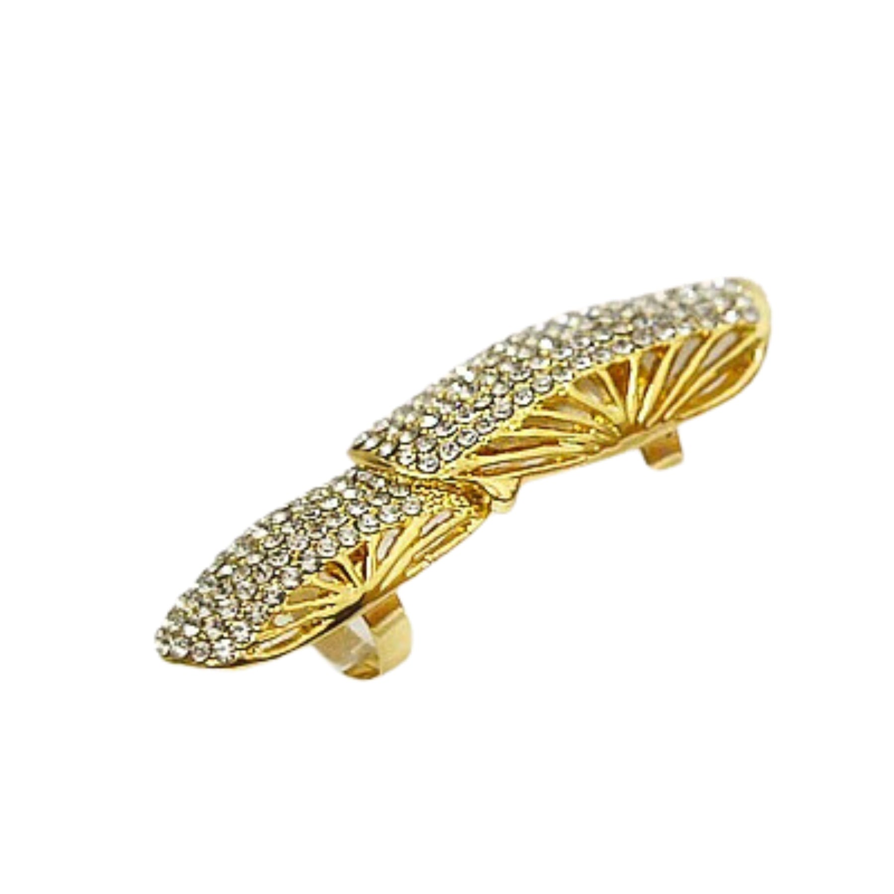 A stunning studded double whole finger ring featuring crystal embellishments and a double plated design, adjustable size for a perfect fit.