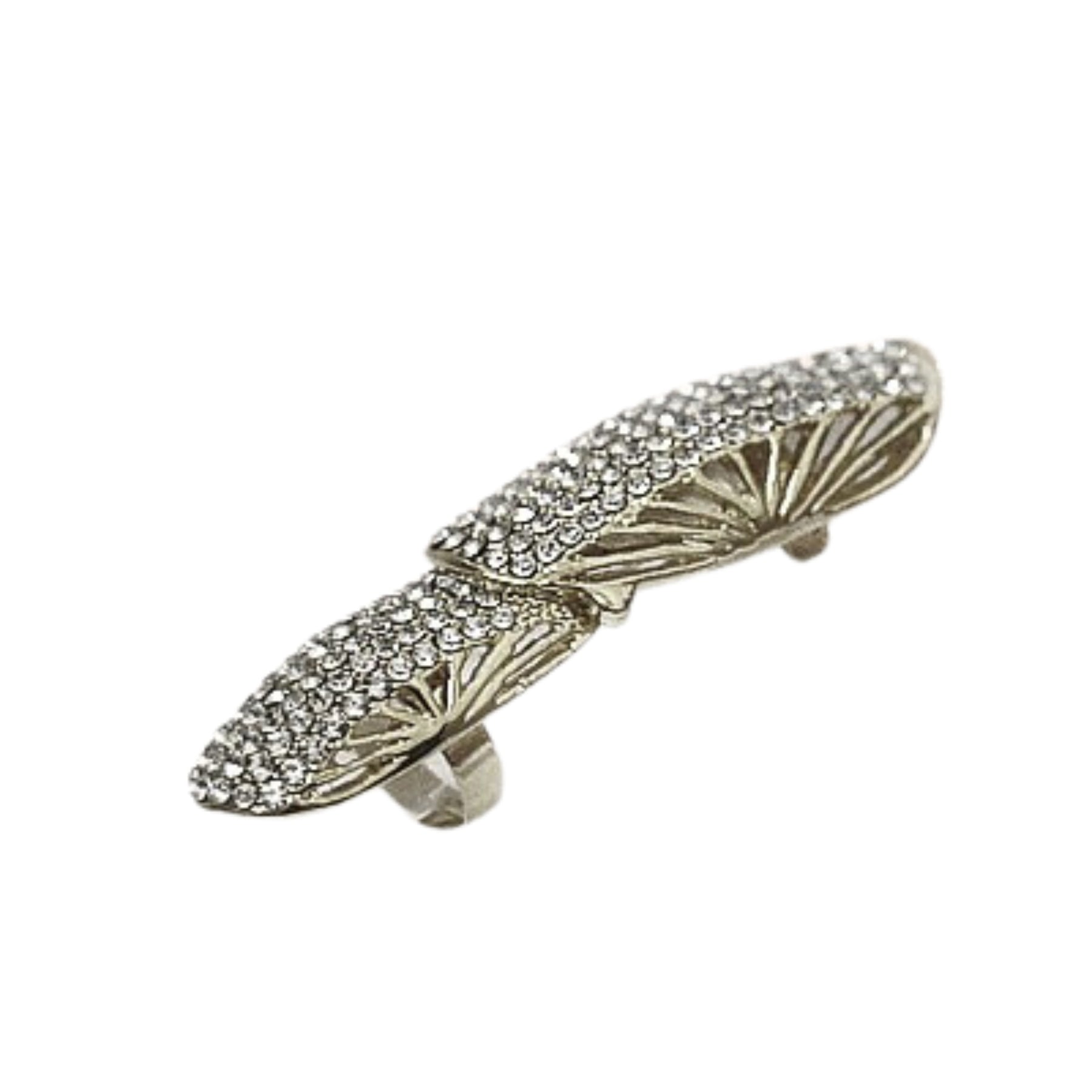 A stunning studded double whole finger ring featuring crystal embellishments and a double plated design, adjustable size for a perfect fit.