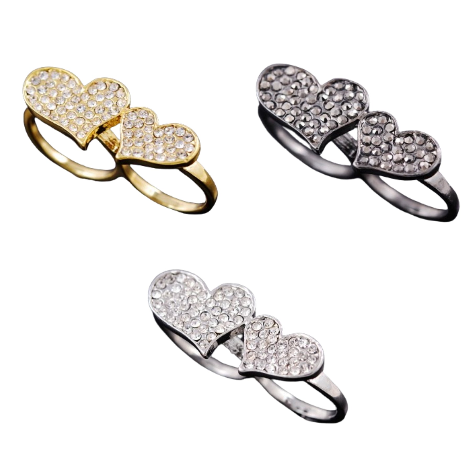 A pair of stylish studded heart two finger rings, showcasing a unique design with heart embellishments.