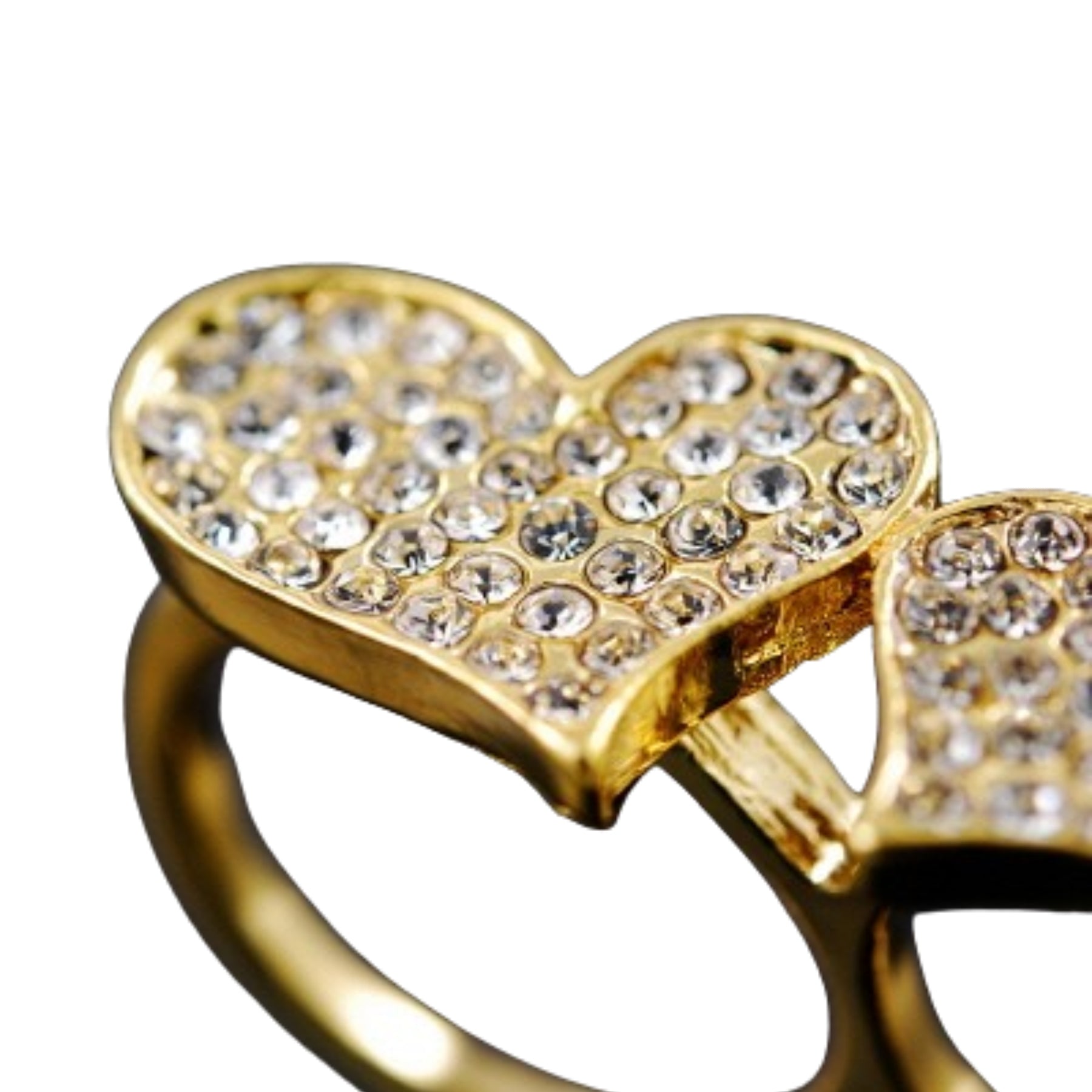 A pair of stylish studded heart two finger rings, showcasing a unique design with heart embellishments.