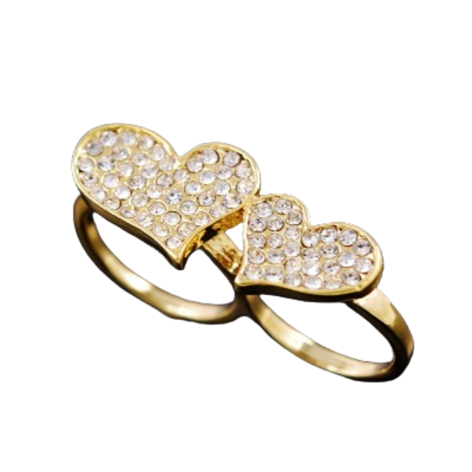 A pair of stylish studded heart two finger rings, showcasing a unique design with heart embellishments.