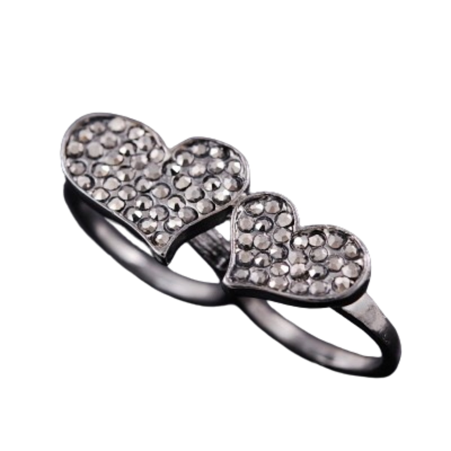 A pair of stylish studded heart two finger rings, showcasing a unique design with heart embellishments.