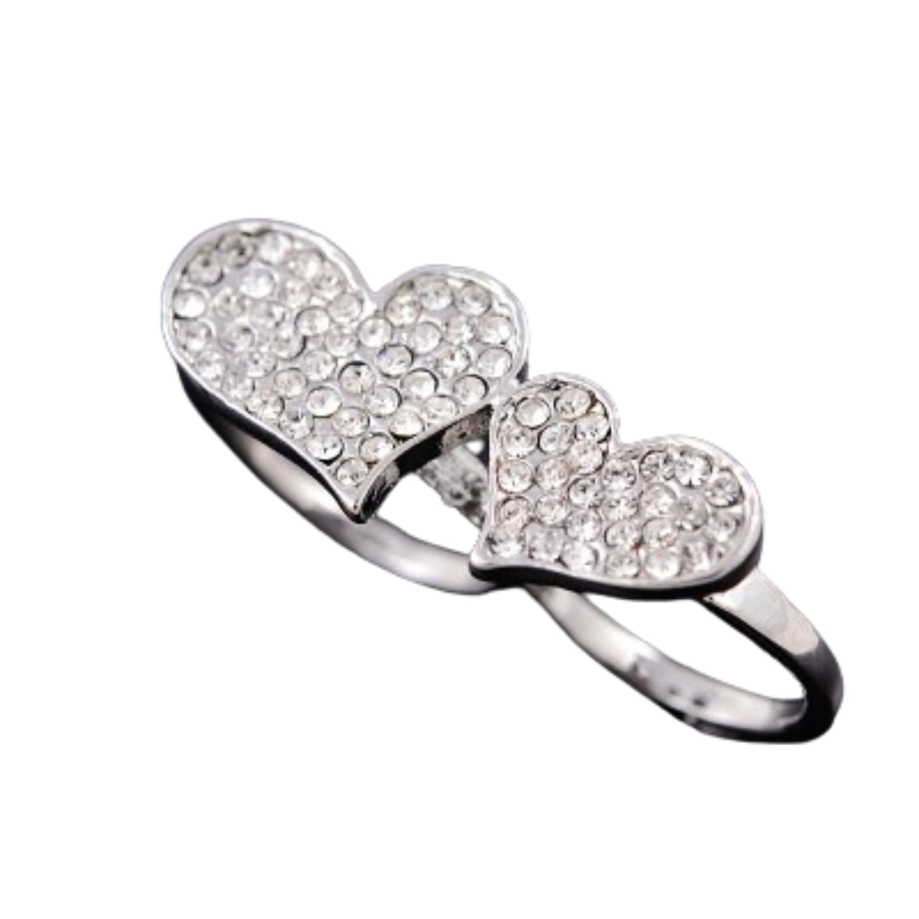 A pair of stylish studded heart two finger rings, showcasing a unique design with heart embellishments.