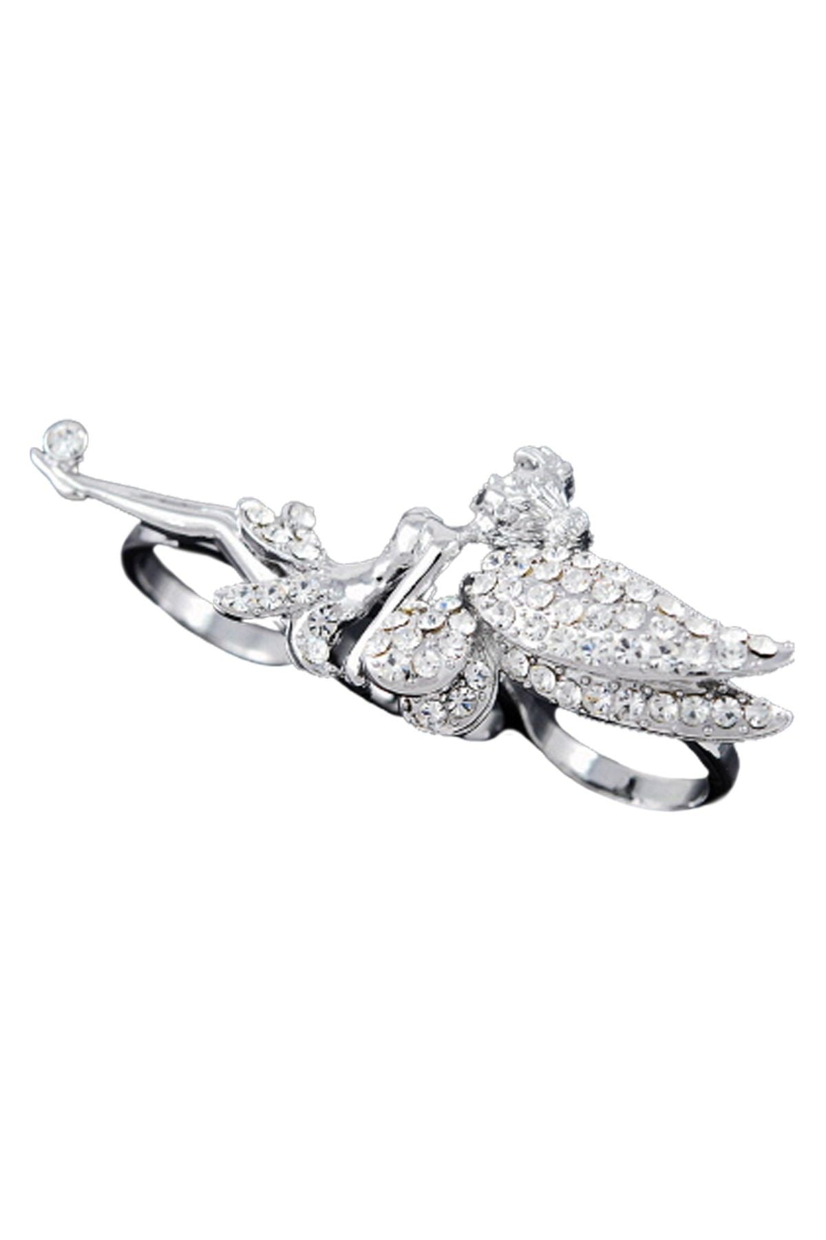 A stunning three-finger ring featuring Tinkerbell design, double plated for durability, measuring H 1" x W 3", perfect for fairy tale enthusiasts.