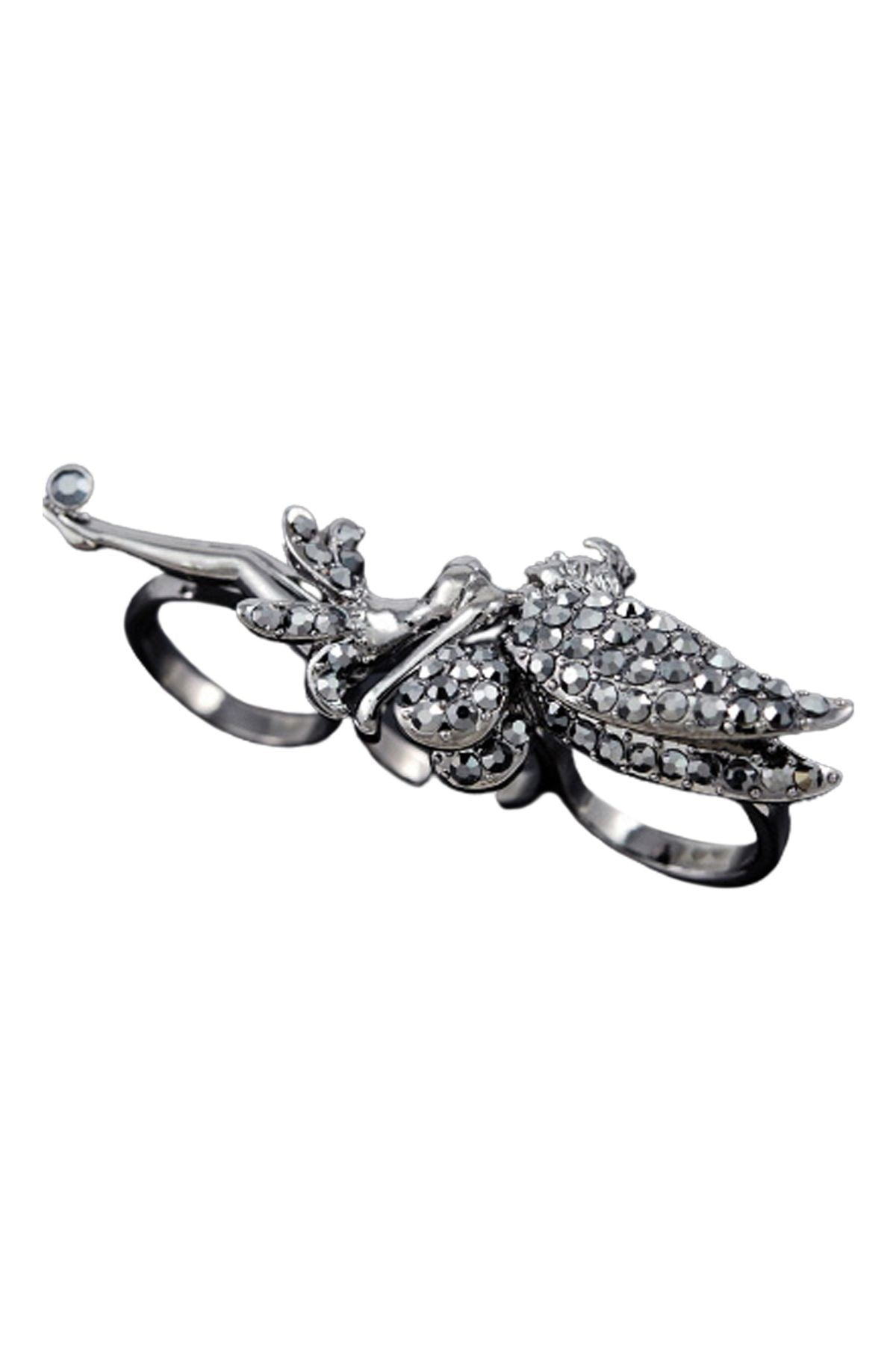 A stunning three-finger ring featuring Tinkerbell design, double plated for durability, measuring H 1" x W 3", perfect for fairy tale enthusiasts.