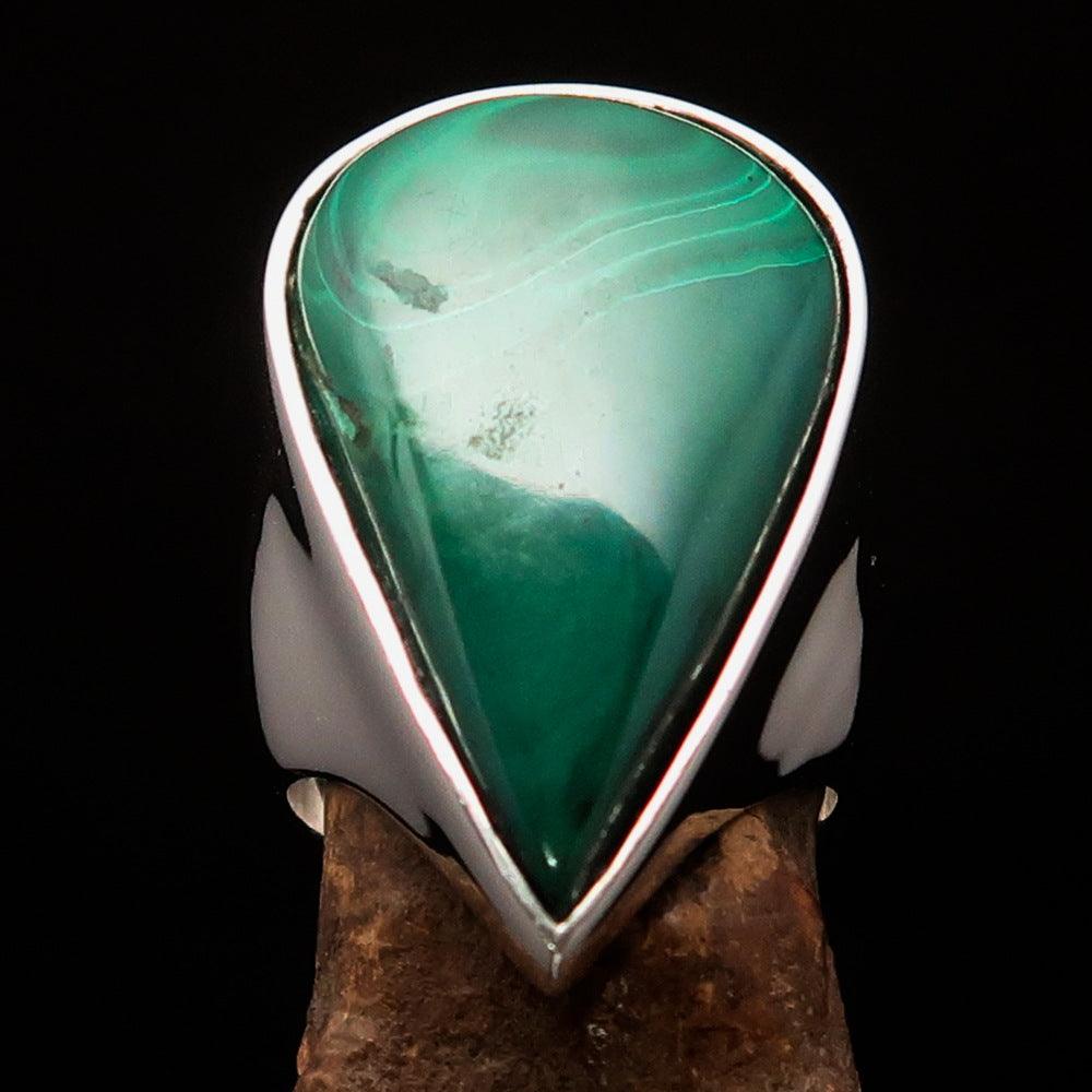 Tear shaped mirror polished sterling silver ring featuring a pear shaped green malachite stone, showcasing its elegant design and craftsmanship.