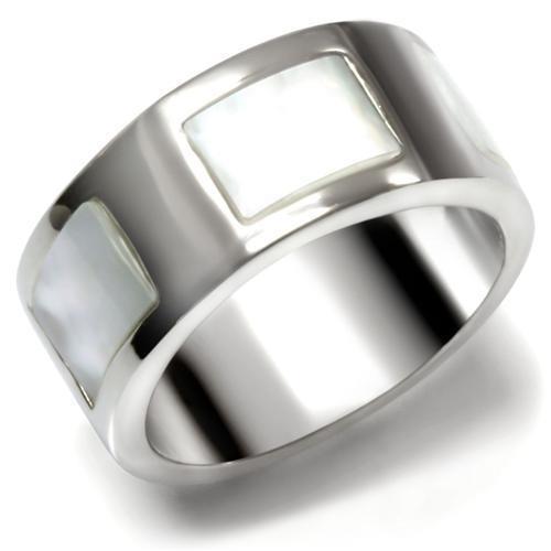 TK043 High Polished Stainless Steel Ring featuring a white conch stone, showcasing its elegant design and shiny finish.