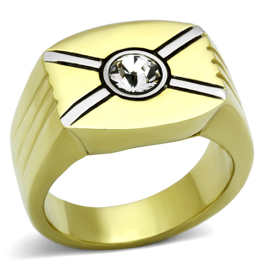 TK1064 Two-Tone IP Gold Stainless Ring with clear top-grade crystals, showcasing a luxurious design.