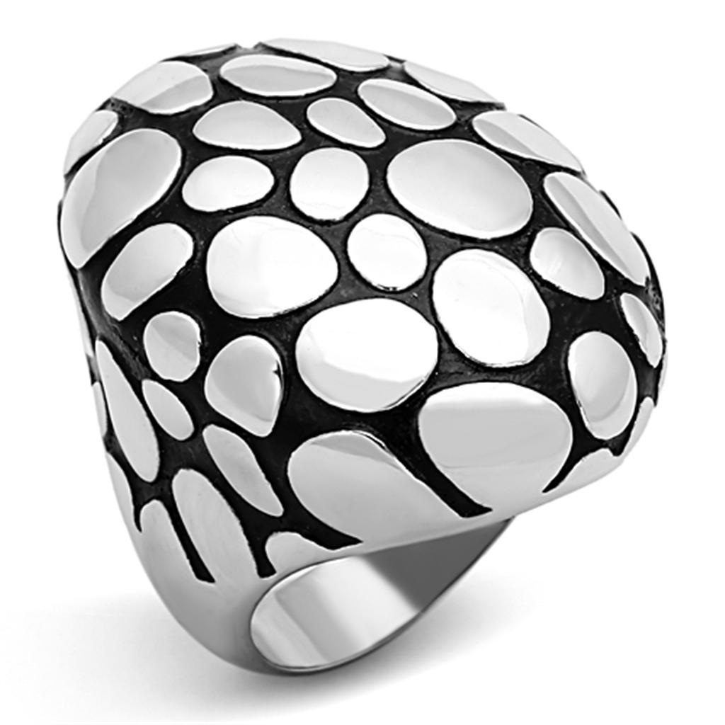 TK1208 High Polished Stainless Steel Ring with jet epoxy stone accent, showcasing a sleek and modern design.