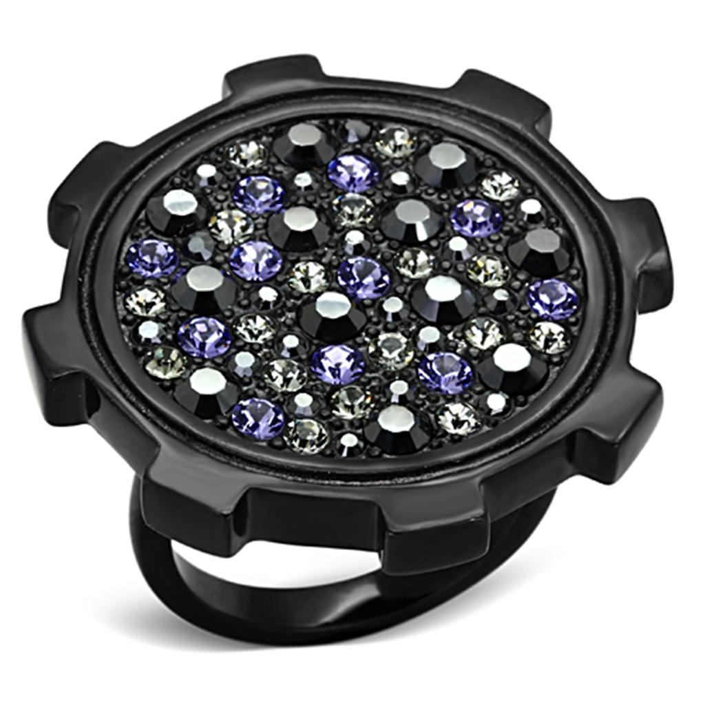 TK1296 IP Black Stainless Steel Ring with multi-color top-grade crystals, showcasing its elegant design and durable material.