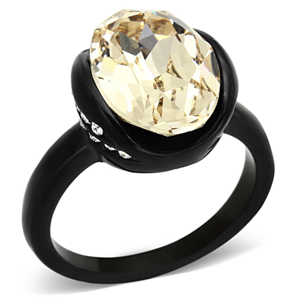 TK1298 IP Black Stainless Steel Ring with light smoked crystal detail, showcasing its elegant design and durable material.