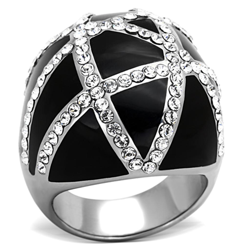 TK1306 High Polished Stainless Steel Ring with clear top-grade crystal, showcasing its elegant design and shine.