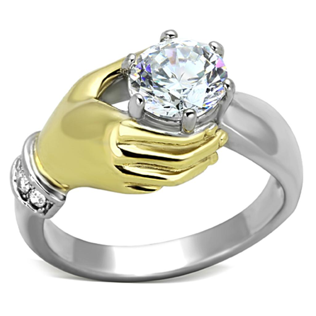 TK1324 Two-Tone IP Gold Stainless Steel Ring featuring a clear AAA grade CZ stone, showcasing a luxurious and elegant design.