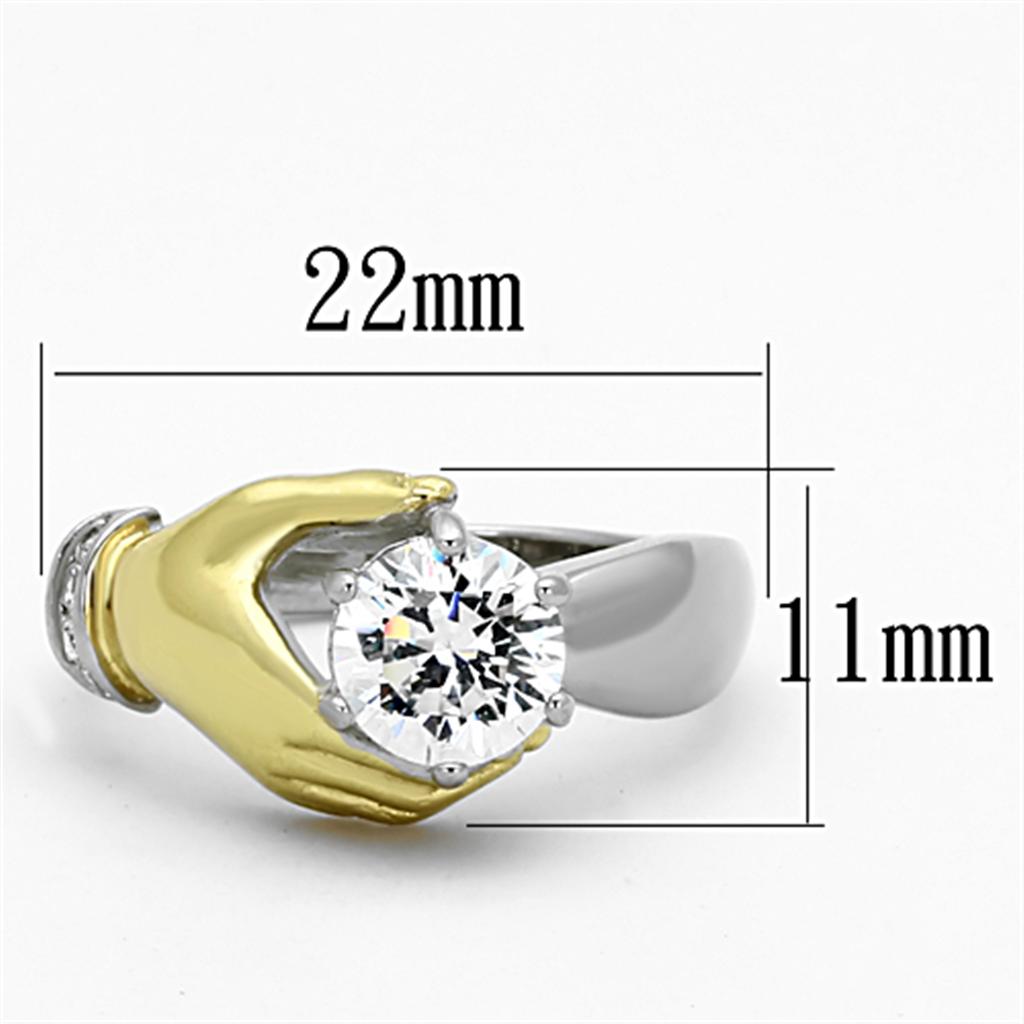 TK1324 Two-Tone IP Gold Stainless Steel Ring featuring a clear AAA grade CZ stone, showcasing a luxurious and elegant design.