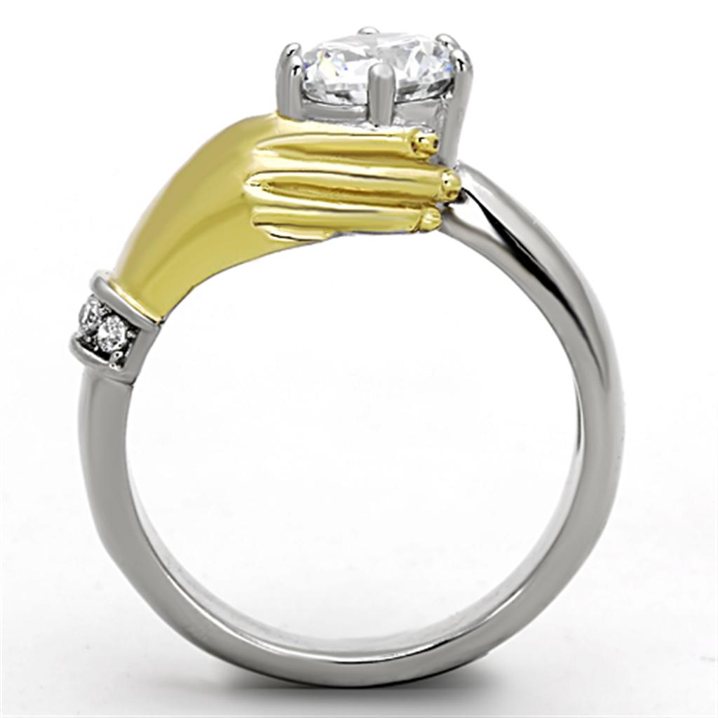 TK1324 Two-Tone IP Gold Stainless Steel Ring featuring a clear AAA grade CZ stone, showcasing a luxurious and elegant design.