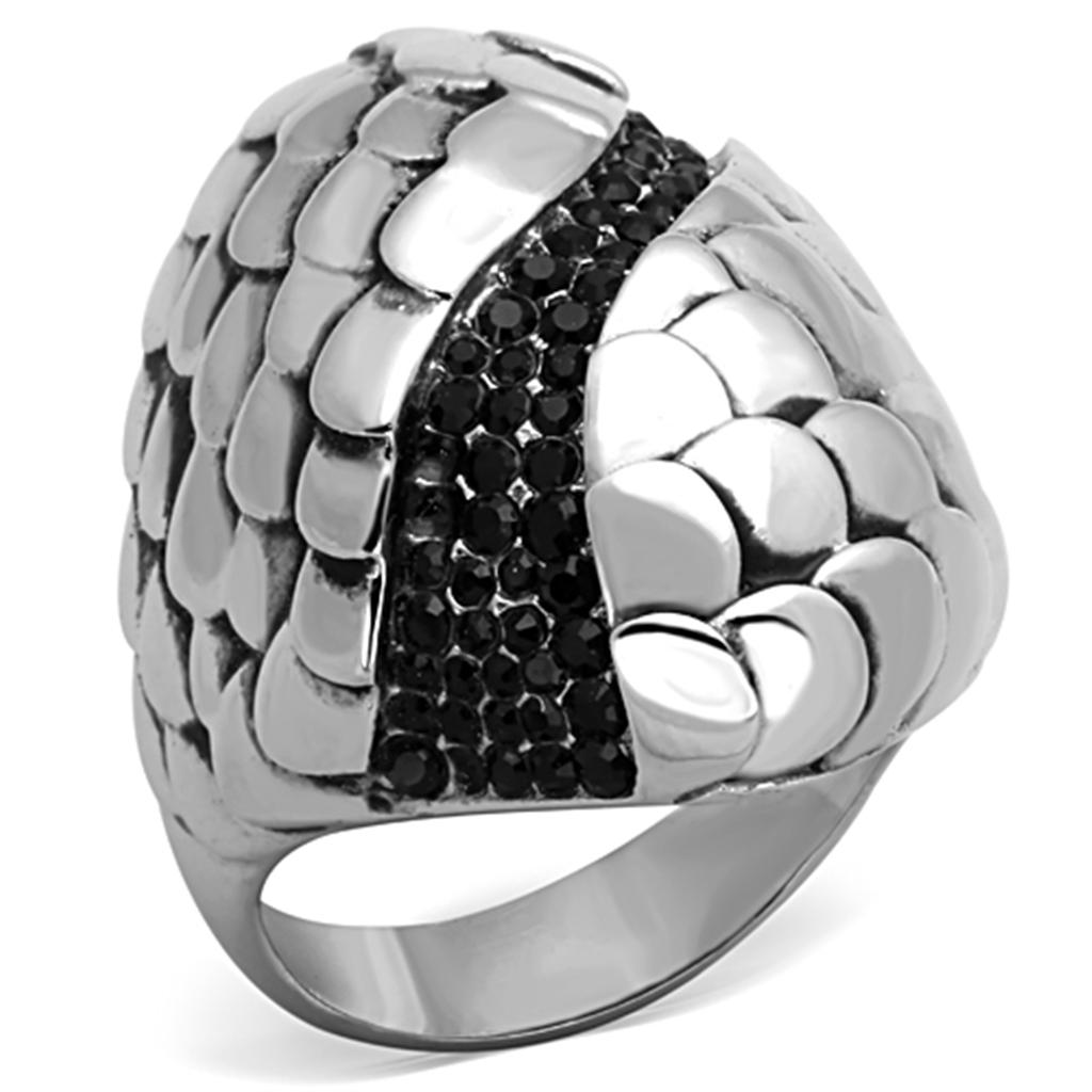 TK1327 High Polished Stainless Steel Ring featuring a jet crystal, showcasing its elegant design and high-quality finish.