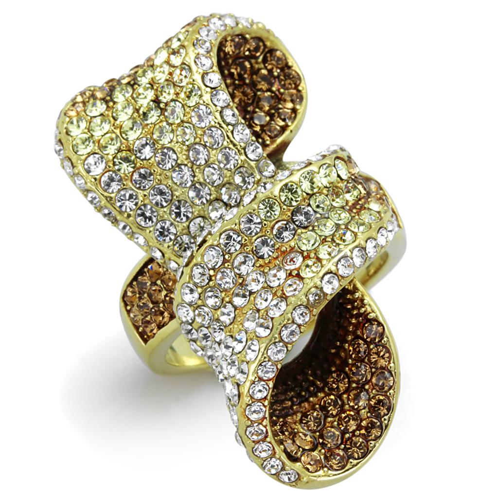 TK1635 IP Gold Stainless Steel Ring featuring multi-color top-grade crystals, showcasing its elegant design and luxurious finish.