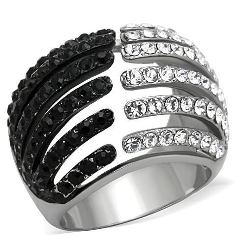 TK1686 Two-Tone IP Black Stainless Steel Ring featuring a jet black top grade crystal, showcasing a modern and elegant design.