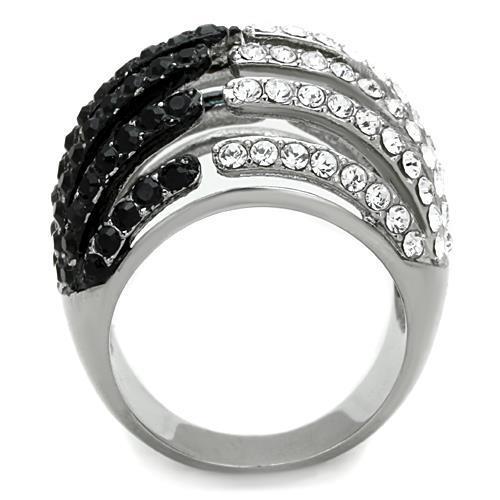 TK1686 Two-Tone IP Black Stainless Steel Ring featuring a jet black top grade crystal, showcasing a modern and elegant design.