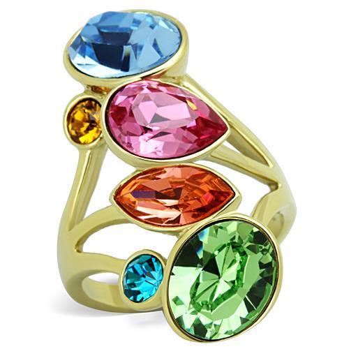 TK1729 IP Gold Stainless Steel Ring featuring multi-color top-grade crystals, showcasing its elegant design and luxurious finish.