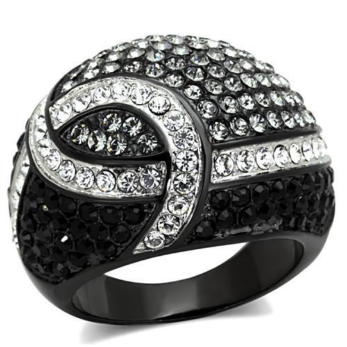 TK1733 Two-Tone IP Black Stainless Steel Ring featuring a black diamond colored top-grade crystal centerpiece, showcasing modern elegance.