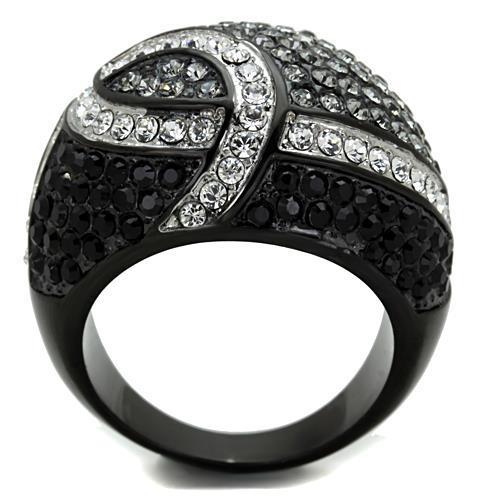 TK1733 Two-Tone IP Black Stainless Steel Ring featuring a black diamond colored top-grade crystal centerpiece, showcasing modern elegance.