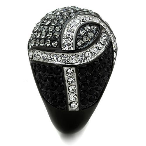 TK1733 Two-Tone IP Black Stainless Steel Ring featuring a black diamond colored top-grade crystal centerpiece, showcasing modern elegance.