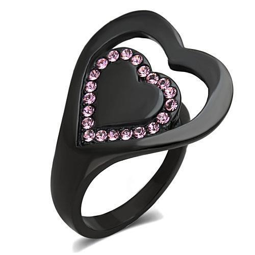 TK1737 IP Black Stainless Steel Ring featuring light rose crystal, showcasing a modern design with elegant ion plating.