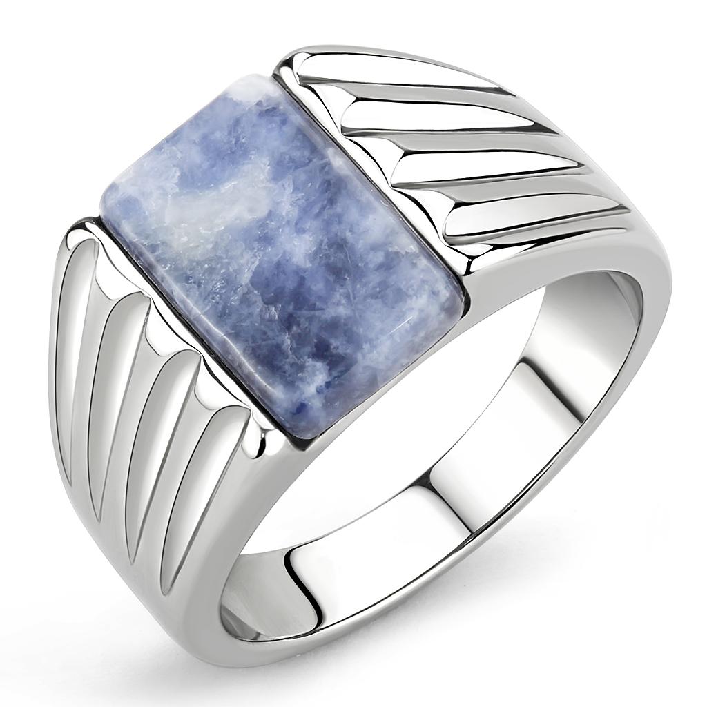 TK1799 High Polished Stainless Steel Ring featuring a Capri Blue Sodalite stone, showcasing its elegant design and shiny finish.