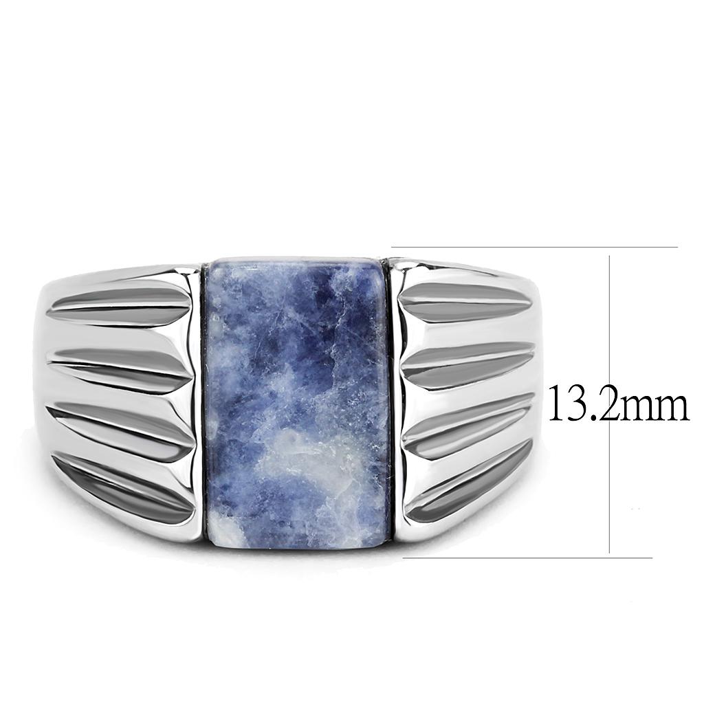 TK1799 High Polished Stainless Steel Ring featuring a Capri Blue Sodalite stone, showcasing its elegant design and shiny finish.