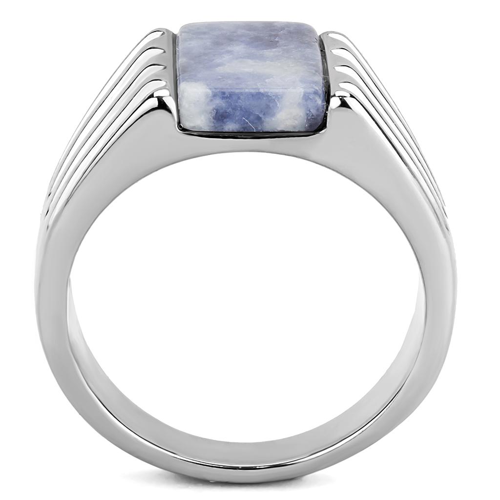 TK1799 High Polished Stainless Steel Ring featuring a Capri Blue Sodalite stone, showcasing its elegant design and shiny finish.