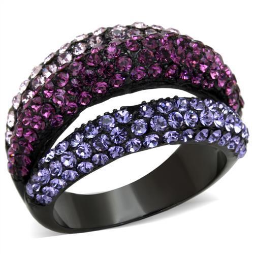 TK1831 IP Black Stainless Steel Ring with multi-color top-grade crystals, showcasing a sleek design and elegant ion plating.