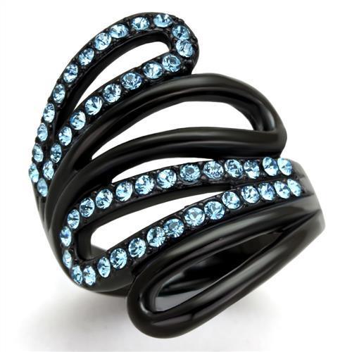 TK1835 IP Black Stainless Steel Ring with sea blue crystals, showcasing a modern design and elegant finish.