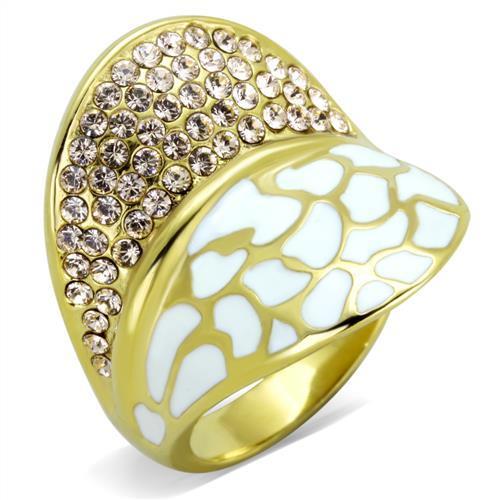 TK1851 IP Gold Stainless Steel Ring with clear top-grade crystal, showcasing its elegant design and luxurious finish.