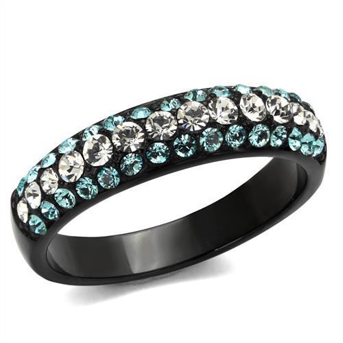 TK2205 IP Black Stainless Steel Ring featuring sea blue top-grade crystals, showcasing a modern and elegant design.