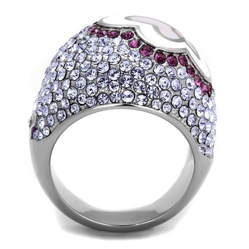 TK2125 High Polished Stainless Steel Ring featuring a multi-color top grade crystal, showcasing its elegant design and shine.