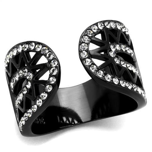 TK2166 IP Black Stainless Steel Ring with black diamond crystals, showcasing its elegant design and durable material.