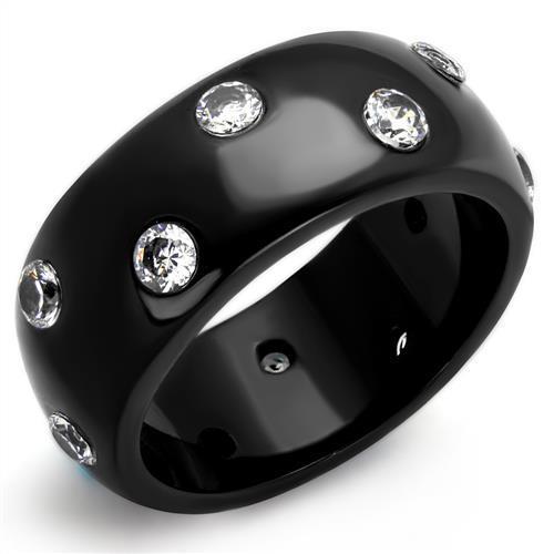 TK2196 IP Black Stainless Steel Ring with AAA Grade CZ stones, showcasing a sleek and modern design.