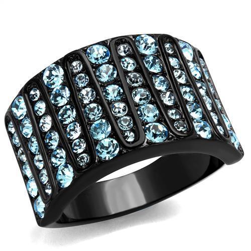 TK2198 IP Black Stainless Steel Ring with sea blue top-grade crystals, showcasing a modern design and elegant finish.