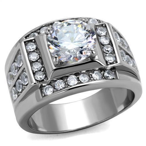 TK2305 High Polished Stainless Steel Ring featuring a clear AAA Grade CZ stone, showcasing its elegant design and shiny finish.