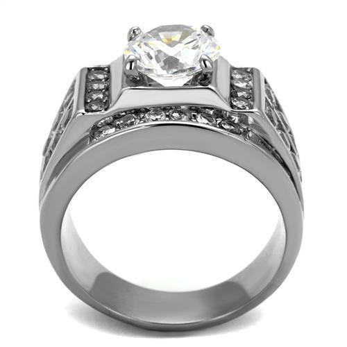 TK2305 High Polished Stainless Steel Ring featuring a clear AAA Grade CZ stone, showcasing its elegant design and shiny finish.