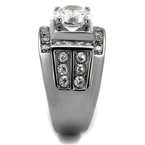 TK2305 High Polished Stainless Steel Ring featuring a clear AAA Grade CZ stone, showcasing its elegant design and shiny finish.