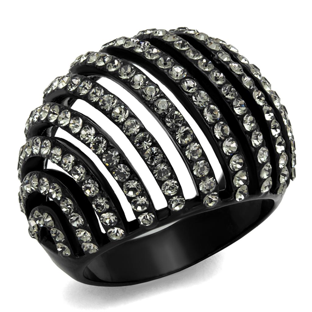 TK2345 IP Black Stainless Steel Ring with black diamond crystal, showcasing a sleek and modern design.