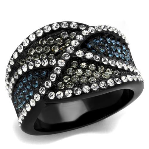 TK2357 IP Black Stainless Steel Ring with Montana crystals, showcasing a sleek design and elegant finish.