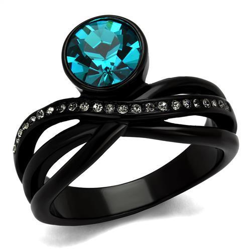 TK2488 IP Black Stainless Steel Ring featuring a blue zircon crystal, showcasing its elegant design and modern ion plating.