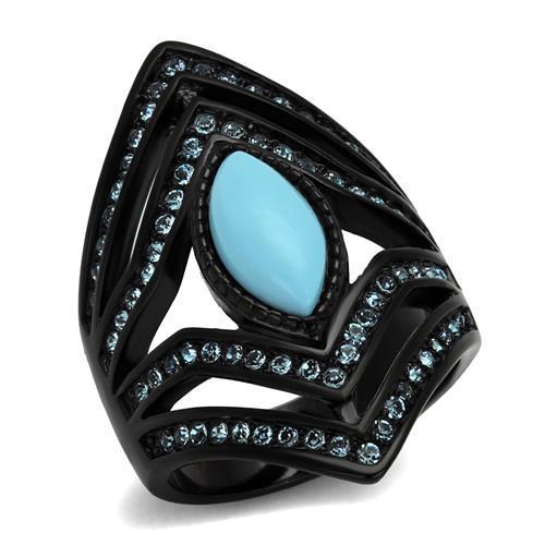 TK2482 IP Black Stainless Steel Ring featuring a vibrant sea blue synthetic turquoise stone, elegantly plated with black ion.