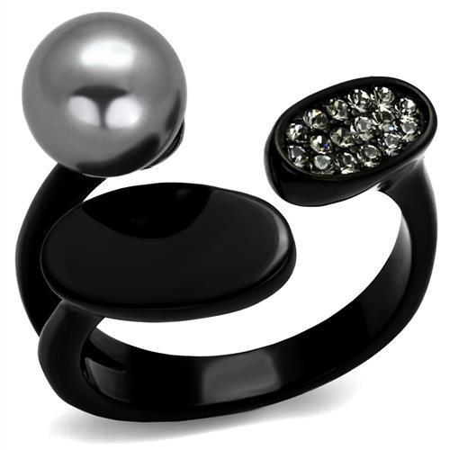 TK2493 IP Black Stainless Steel Ring featuring a gray synthetic pearl, showcasing a modern and elegant design.